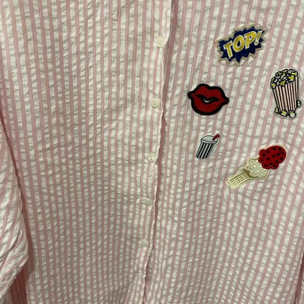 Zara Basic Pink White Striped Seersucker Patch High Low Button Down Shirt XL